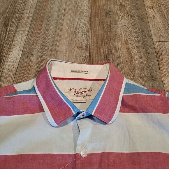 Penguin Heritage Slim Fit Short Sleeved Button Up Shirt Mens Size Medium - Picture 3 of 7